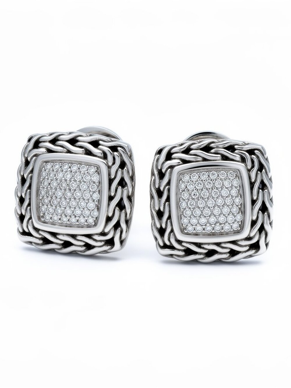 JOHN HARDY 925 Silver and 18K Gold Diamond Classic Chain Earrrings